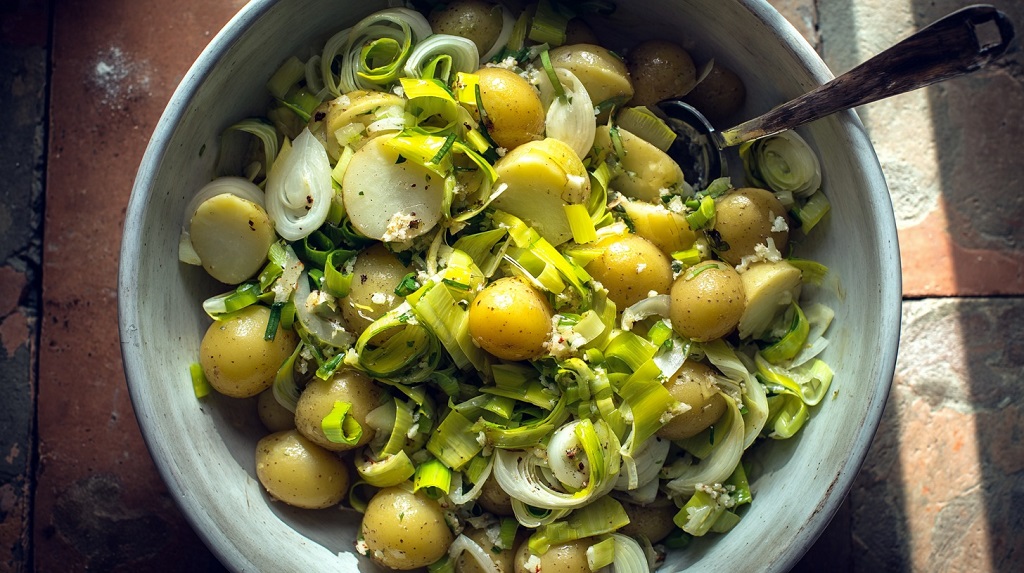 Sliced leeks and halved baby potatoes tossed with olive oil, garlic, and salt in a mixing bowl before baking