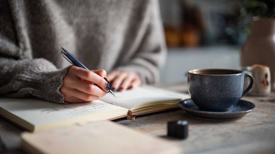 Person writing in a journal at a wooden table with a cup of coffee nearby, creating a calm daily routine