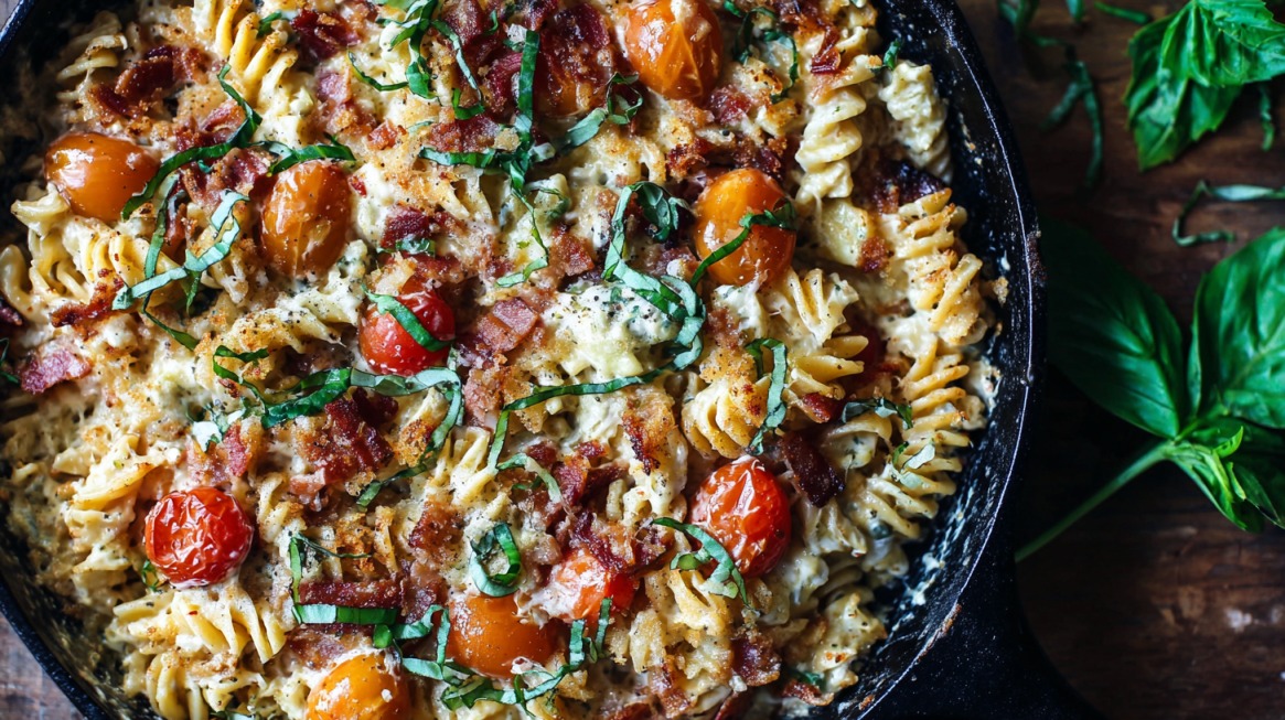 Baked rotini pasta with melted Boursin cheese, cherry tomatoes, crispy bacon bits, and fresh basil leaves in a skillet