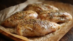 Raw chicken breasts seasoned with herbs and spices on parchment paper, prepared for grilling