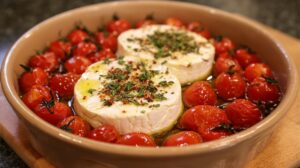 Baking dish filled with cherry tomatoes and two rounds of Boursin cheese, drizzled with olive oil and sprinkled with fresh herbs, ready for the oven