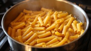 Close-up of rigatoni pasta boiling in a pot of water on the stove, cooking until al dente.