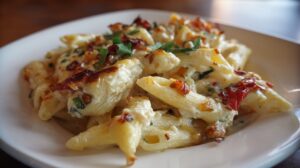 Close-up of baked penne pasta coated in creamy Boursin cheese sauce, topped with roasted tomatoes and garnished with fresh herbs