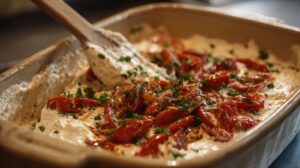 Close-up of roasted tomatoes being stirred into melted Boursin cheese in a baking dish, creating a creamy pasta sauce