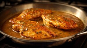 Seared chicken breasts cooking in a skillet with lemon-herb