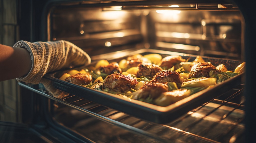 Rotating a tray of chicken, leeks, and potatoes in the oven for even browning