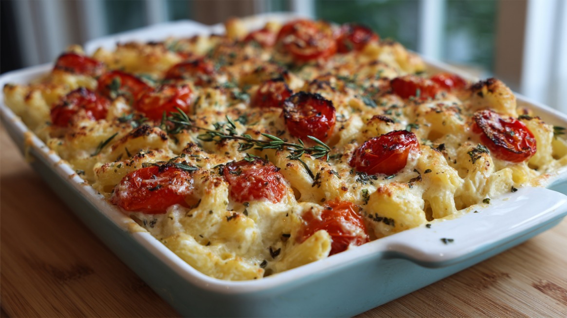 Golden-baked pasta casserole with melted cheese, roasted cherry tomatoes, and fresh herbs in a white baking dish