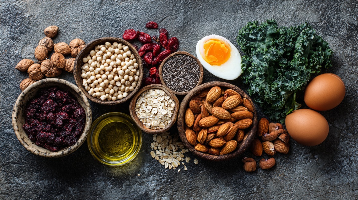 Flat lay of healthy foods including nuts, oats, chia seeds, kale, eggs, dried berries, and olive oil, representing nutrient-dense foods tracked in a nutrition journal