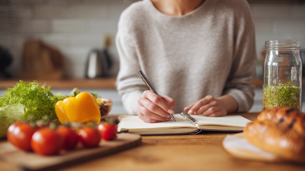 Person writing in a nutrition journal at a kitchen table with fresh vegetables and bread nearby, symbolizing simple ways to begin food tracking