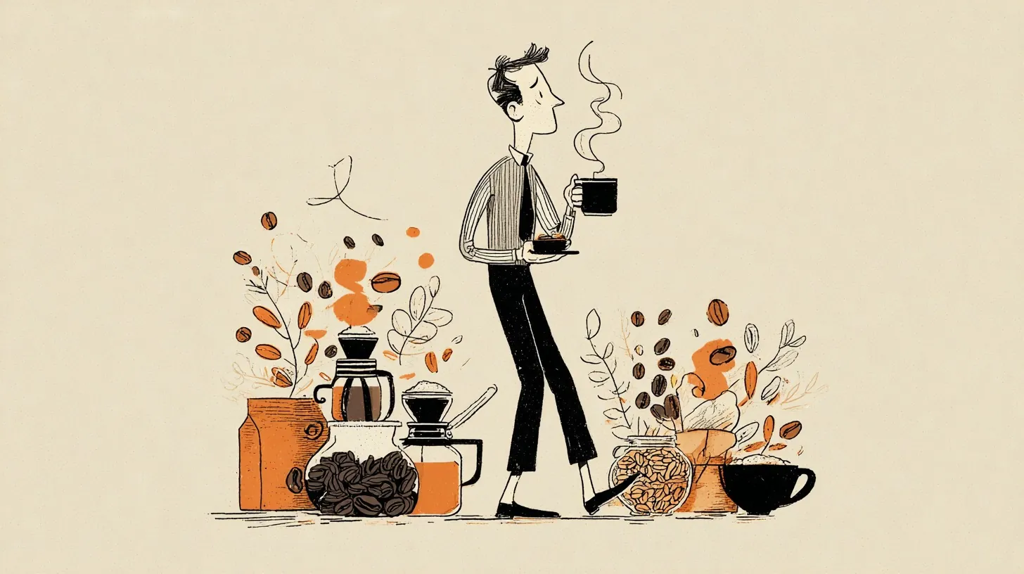 Illustration of a person holding coffee with beans and brewing tools