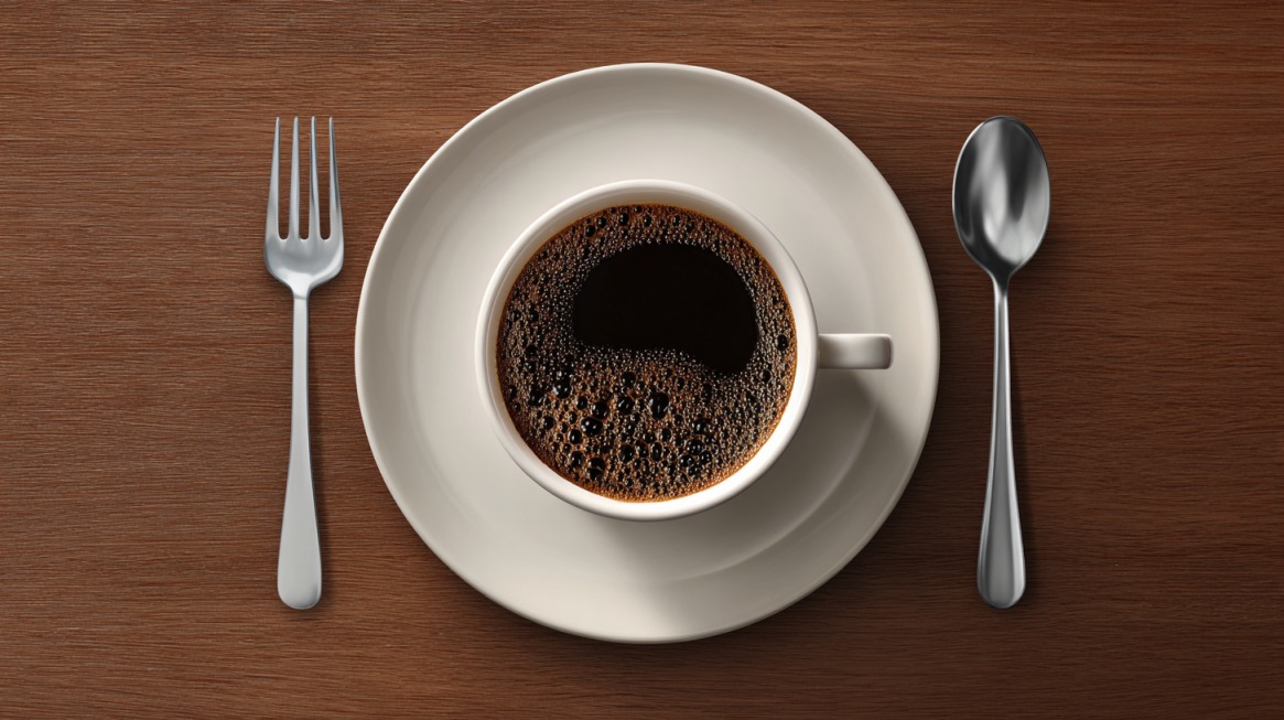 Cup of black coffee on a plate with a fork and spoon