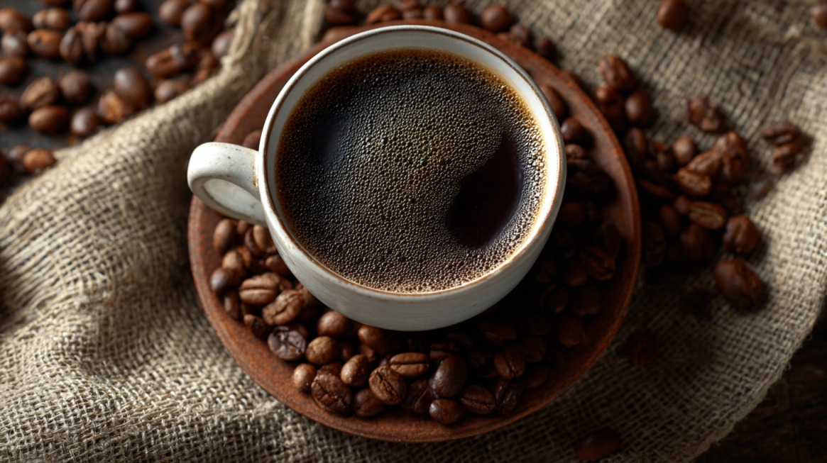 Cup of black coffee surrounded by coffee beans on burlap