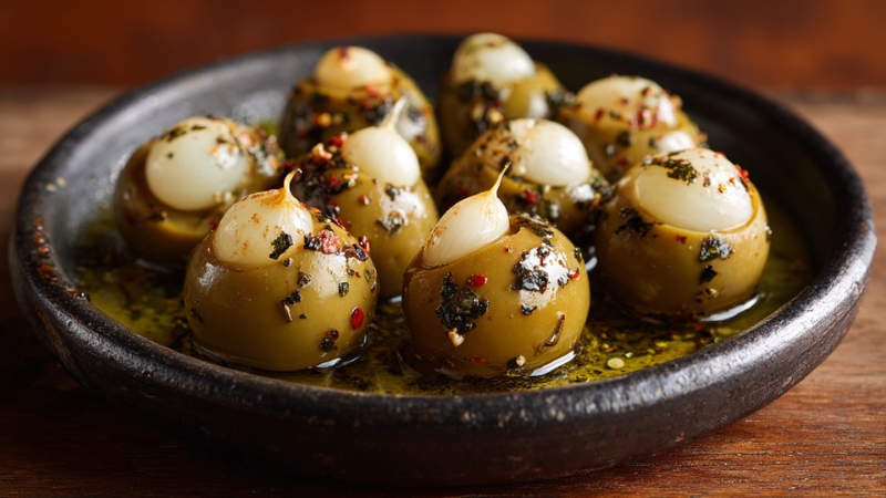 Garlic-stuffed olives sit in a small dish with oil and herbs