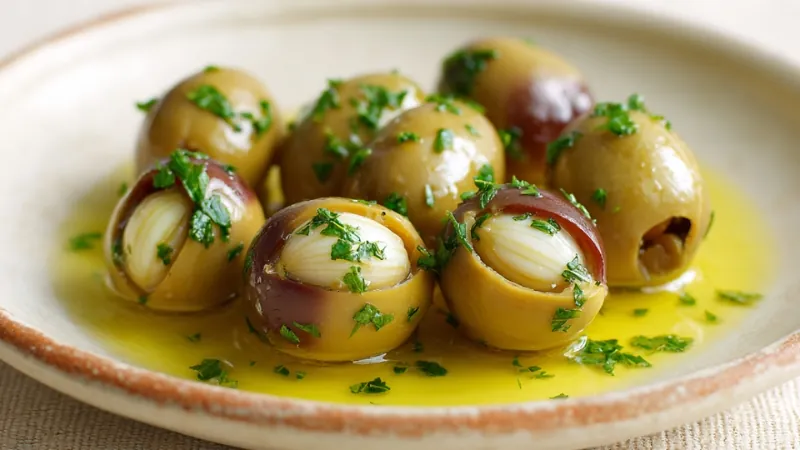Garlic-stuffed olives sit on a plate with olive oil and fresh herbs
