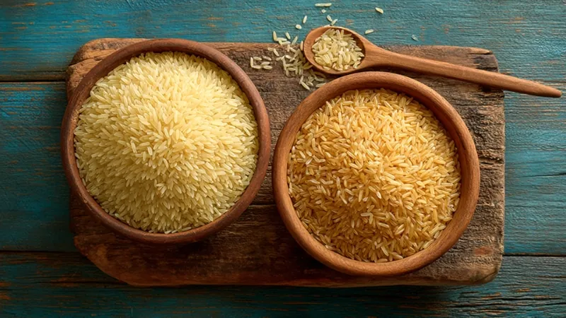 Parboiled rice and brown rice shown side by side