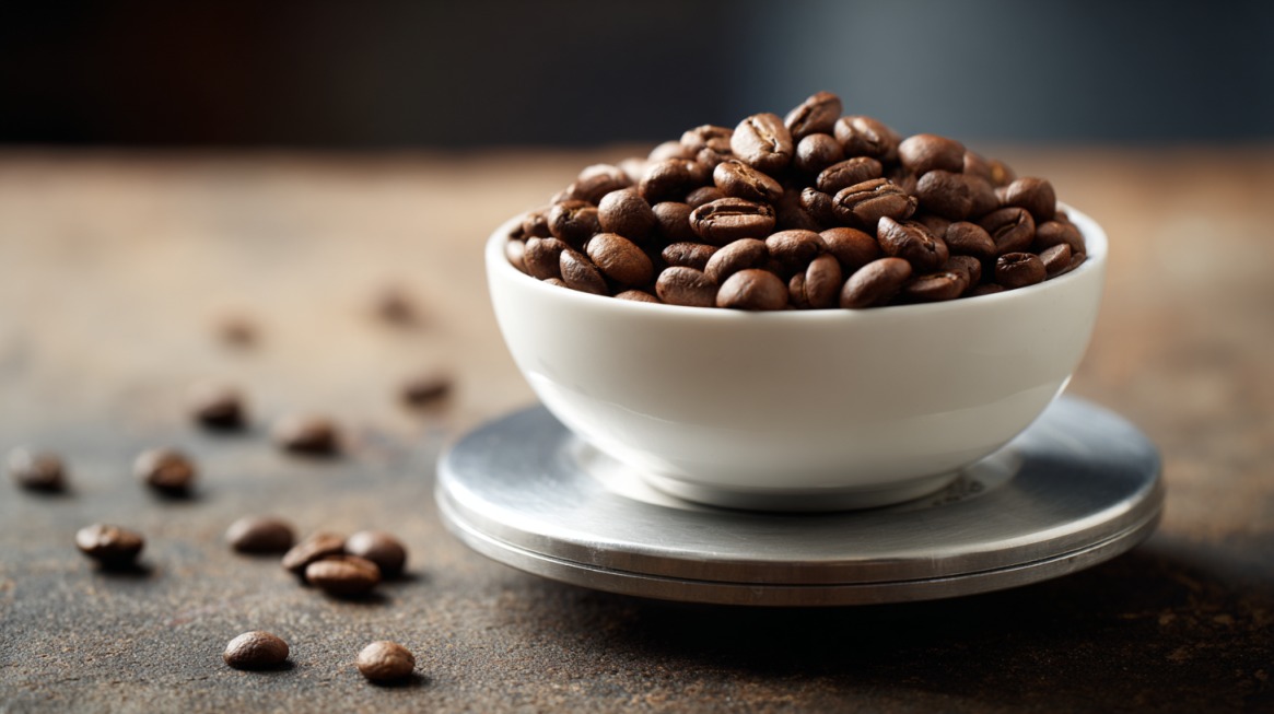 Bowl of coffee beans on a kitchen scale