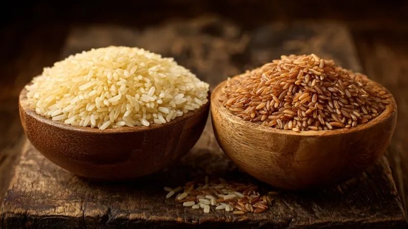 Parboiled rice and brown rice in separate bowls