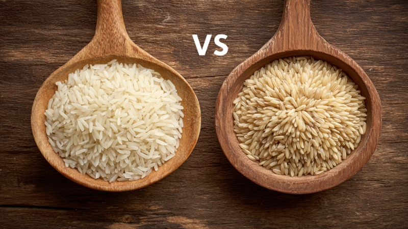 Parboiled rice and brown rice shown side by side to compare overall health value