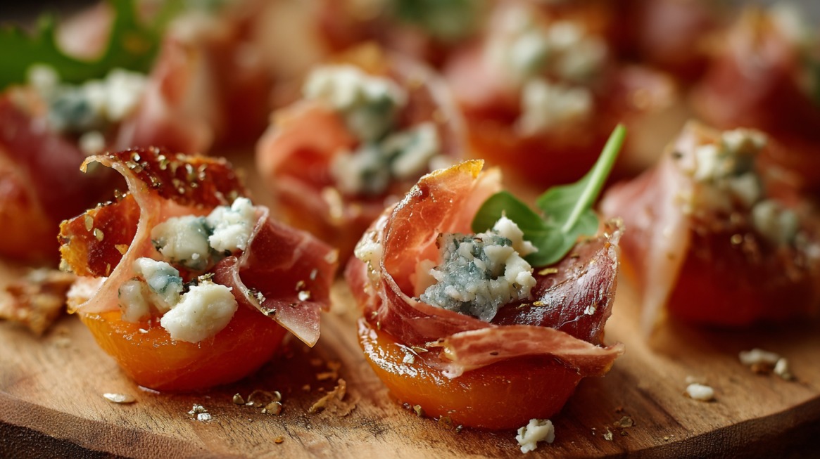 Dried apricots stuffed with blue cheese and wrapped in prosciutto