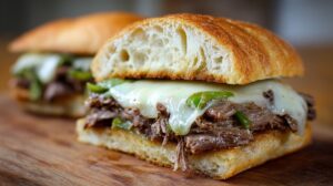 Italian beef sandwich with sliced beef, melted cheese, and green peppers on a crusty roll