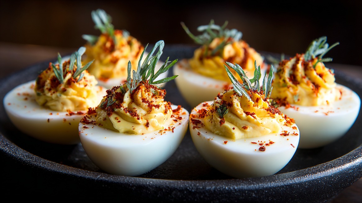 Deviled eggs topped with creamy yolk filling, herbs, and paprika