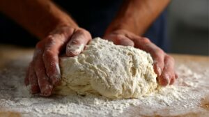 Hands pressing and kneading a floured dough on a lightly floured countertop