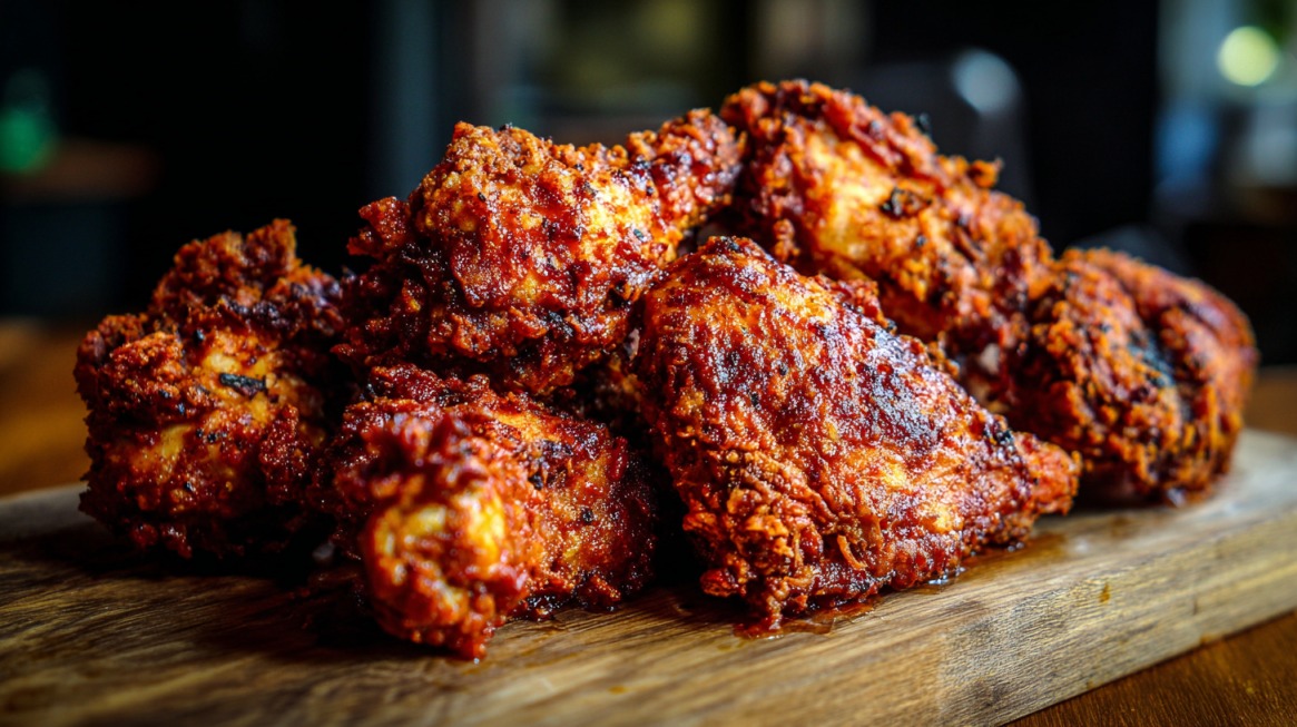 Deep fried chicken pieces with a dark spicy crust on a wooden board