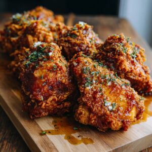 Crispy fried chicken glazed with hot honey and chili spread on a wooden board