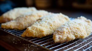 Raw chicken coated in seasoned crumbs on a wire rack
