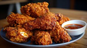 Plate of golden fried chicken with a dipping sauce