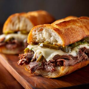 Close up of an Italian beef sandwich with shredded beef, melted cheese, and sliced peppers on a toasted roll
