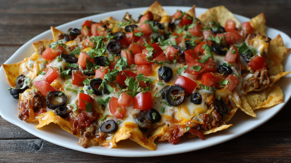 Tortilla chips topped with cheese, tomatoes, olives, herbs, and sauce