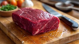 Raw beef roast on a wooden cutting board with a knife and seasonings nearby