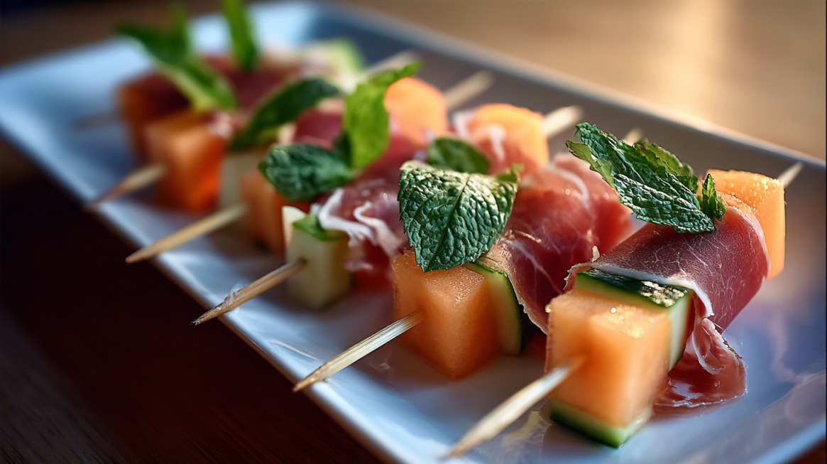 Melon cubes wrapped in prosciutto with mint on skewers