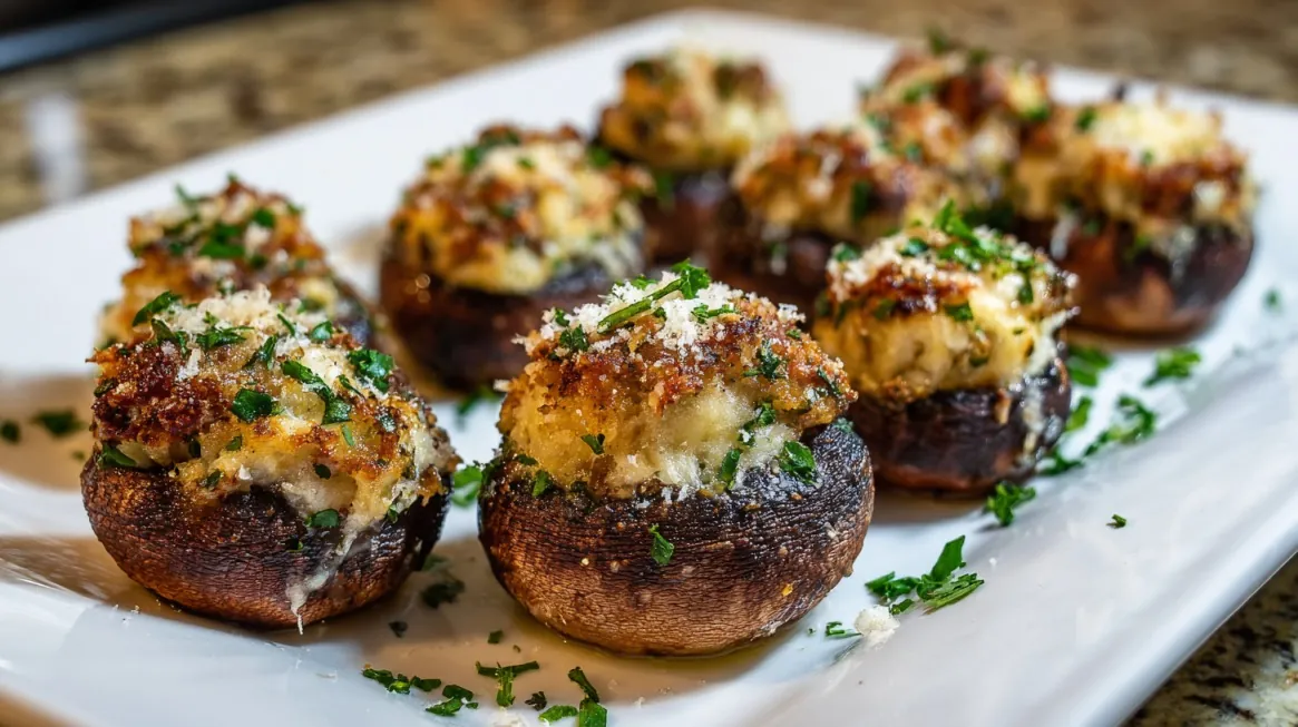 Baked mushrooms filled with golden breadcrumb and cheese topping