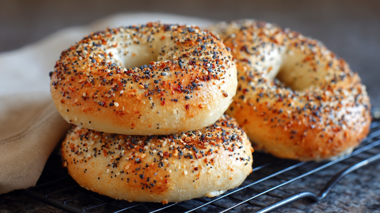 Freshly baked everything bagels stacked on a cooling rack with a golden crust and seeded tops