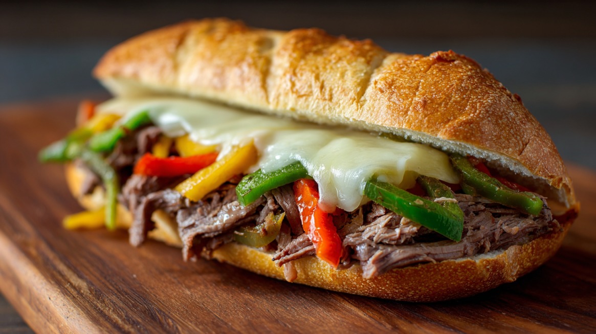 Italian beef sandwich topped with melted cheese and colorful bell peppers on a toasted roll