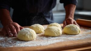 Dough balls on a floured surface being prepared for cooking