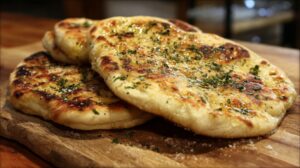 Freshly cooked flatbreads topped with herbs and glistening with butter on a wooden board