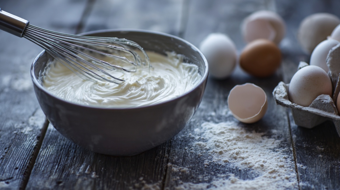 Bowl of creamy mixture being whisked with eggs and flour nearby