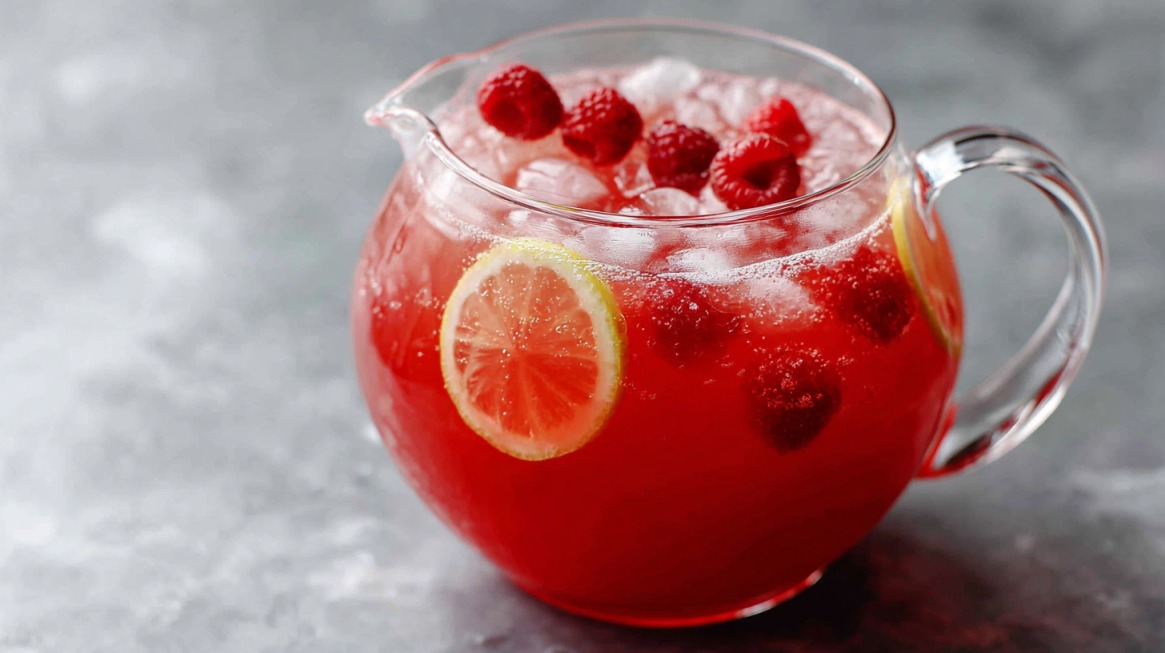 Glass pitcher of red raspberry punch with lemon slices and fresh raspberries over ice