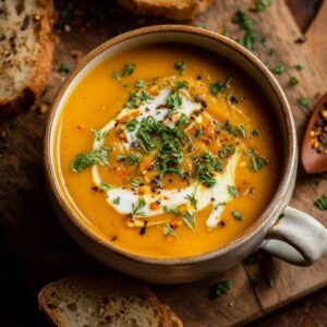 Bowl of smooth orange soup topped with cream swirl, herbs, and spices, served with slices of bread