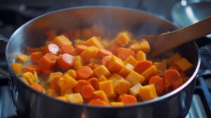 Chunks of butternut squash and sliced carrots cooking in a pot, being stirred with a wooden spoon