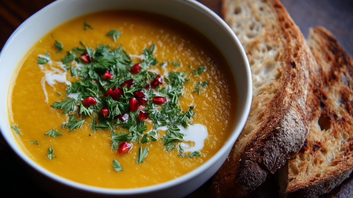 Bowl of creamy orange soup garnished with herbs, pomegranate seeds, and a drizzle of cream, served with toasted bread