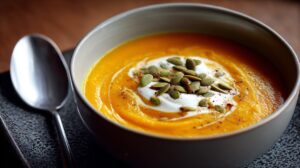Bowl of smooth orange soup garnished with cream, pumpkin seeds, and spices, served with a spoon