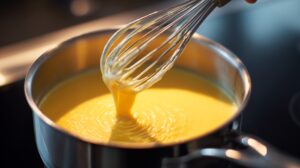 Creamy orange soup being whisked in a pot until smooth and velvety