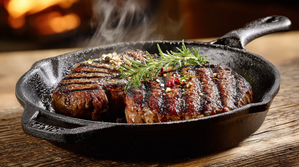 Steaks with grill marks searing in a cast iron skillet with rosemary