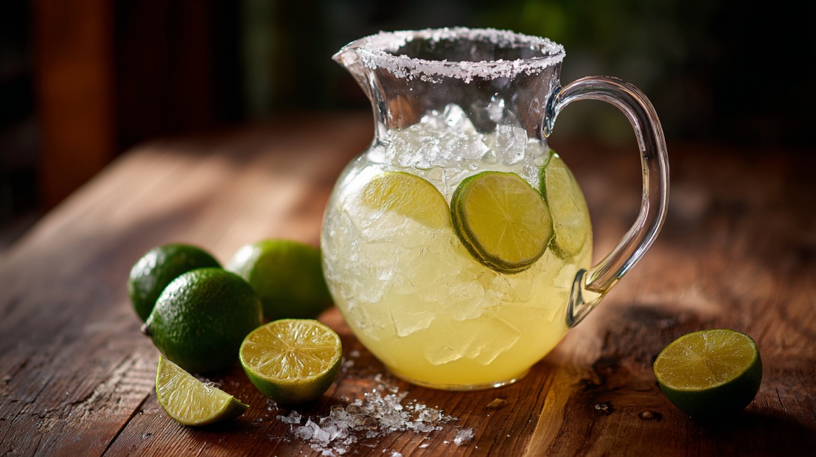 A pitcher of margarita with ice and lime slices, rimmed with salt, surrounded by fresh limes on a wooden table
