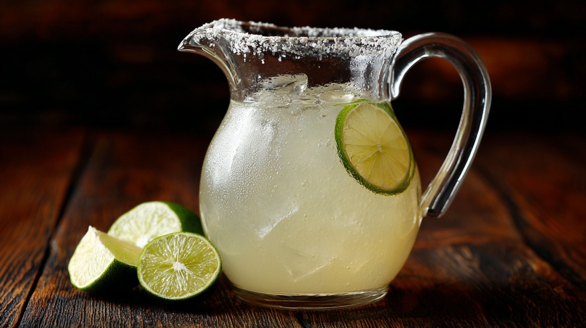 Glass pitcher of margarita with salted rim and fresh lime slices on a wooden table