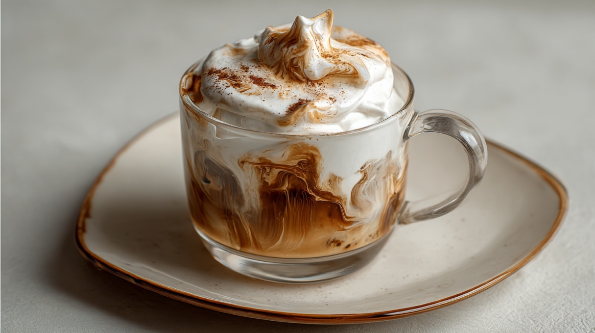 Glass cup of coffee with swirled cream and whipped topping on a saucer